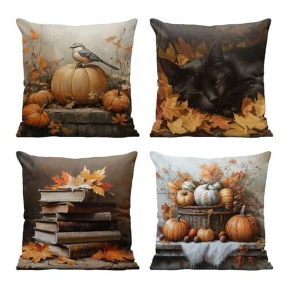 3879 Autumn Harvest Pillow Covers 18x18 Inch Set of 4 Pumpkin Leaves Cat